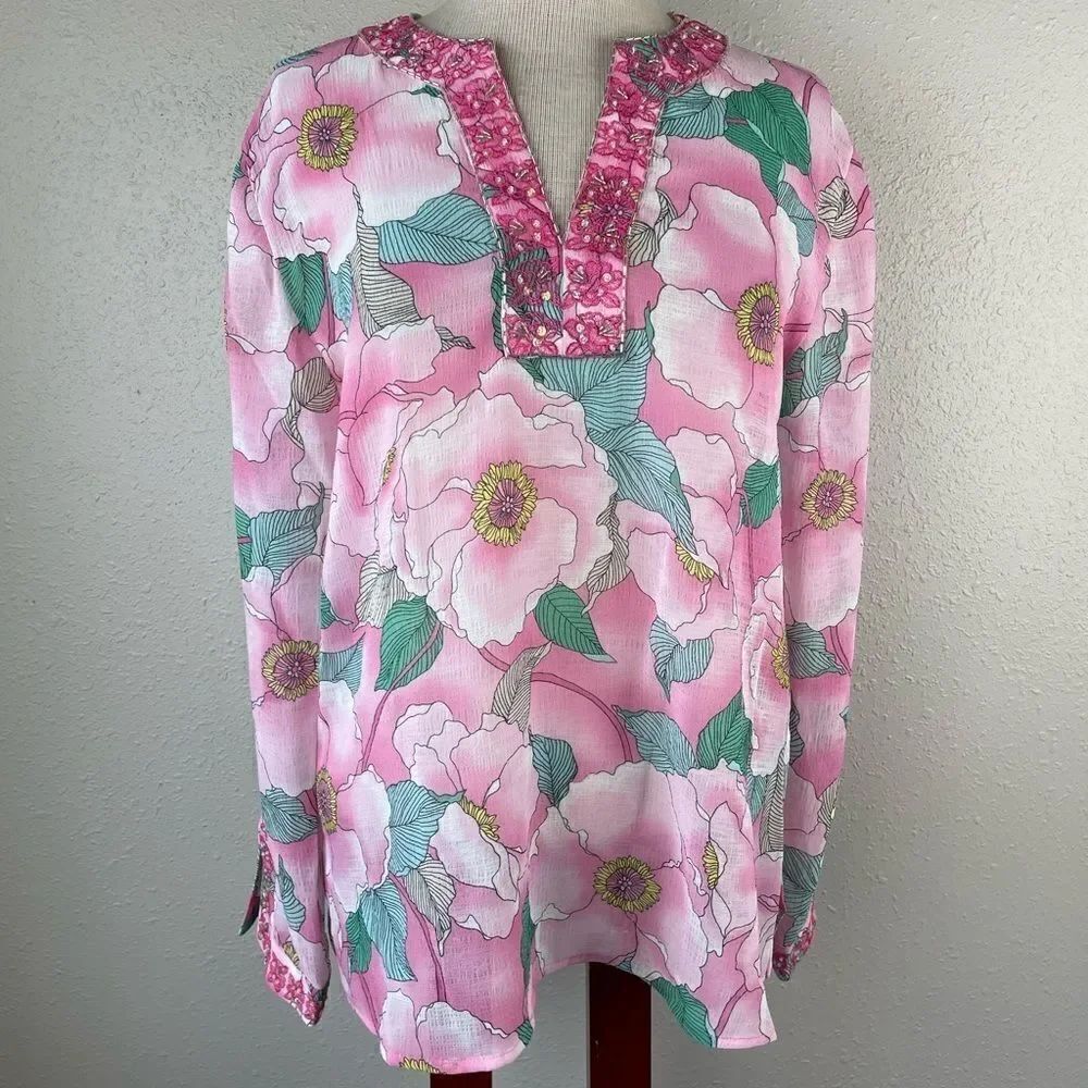 NWT Josephine Chaus Hot Pink Floral Sheer Blouse Size 10